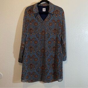 Cabi Provincial Blue Boho Print Chiffon Long Sleeve Shift Dress Sz. SMALL